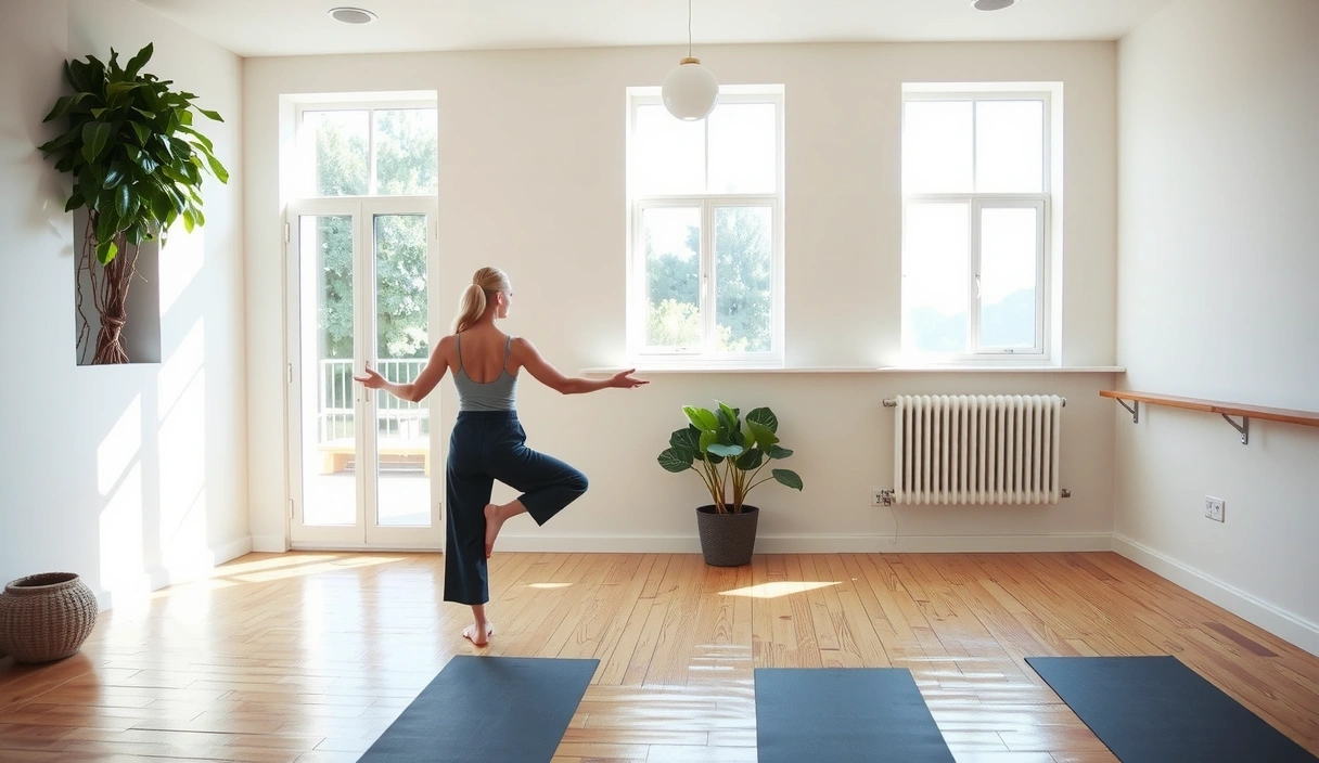 A serene yoga studio with natural light and minimalist decor, a woman in a peaceful yoga pose in the foreground.