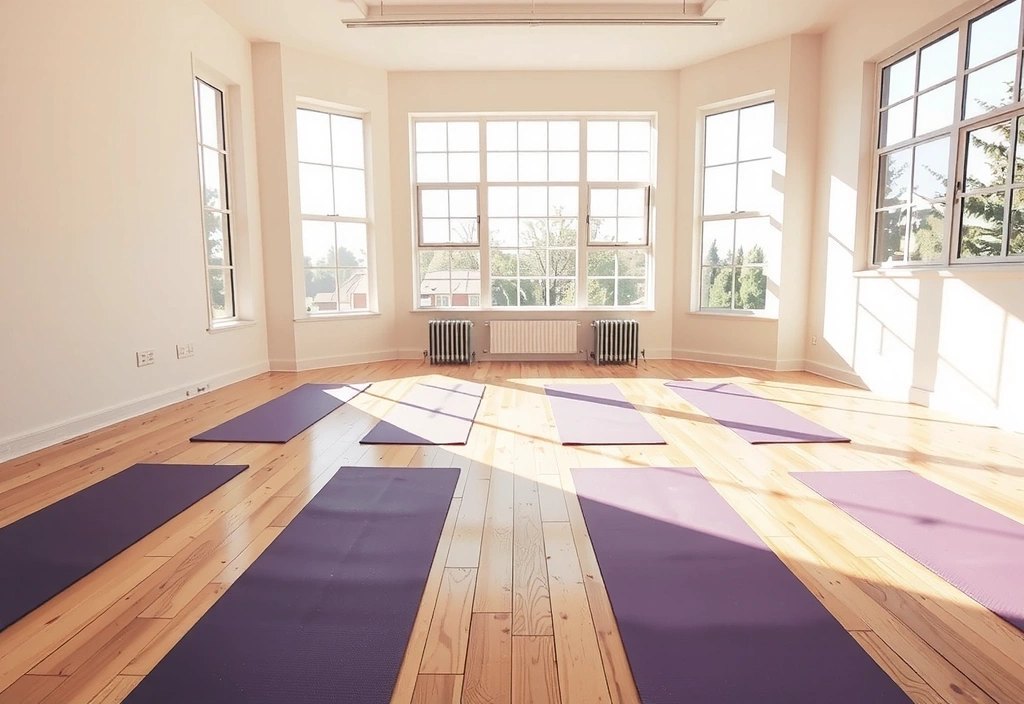 Yoga studio interior with natural light and wooden floors