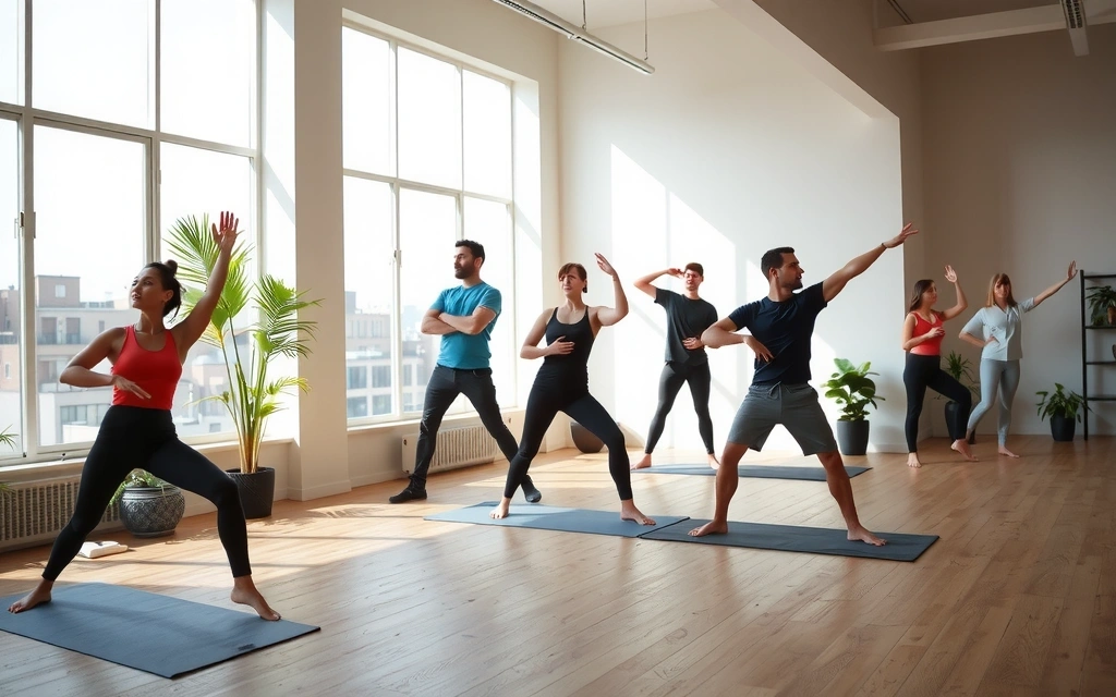 A group of people performing a Vinyasa flow in a bright studio
