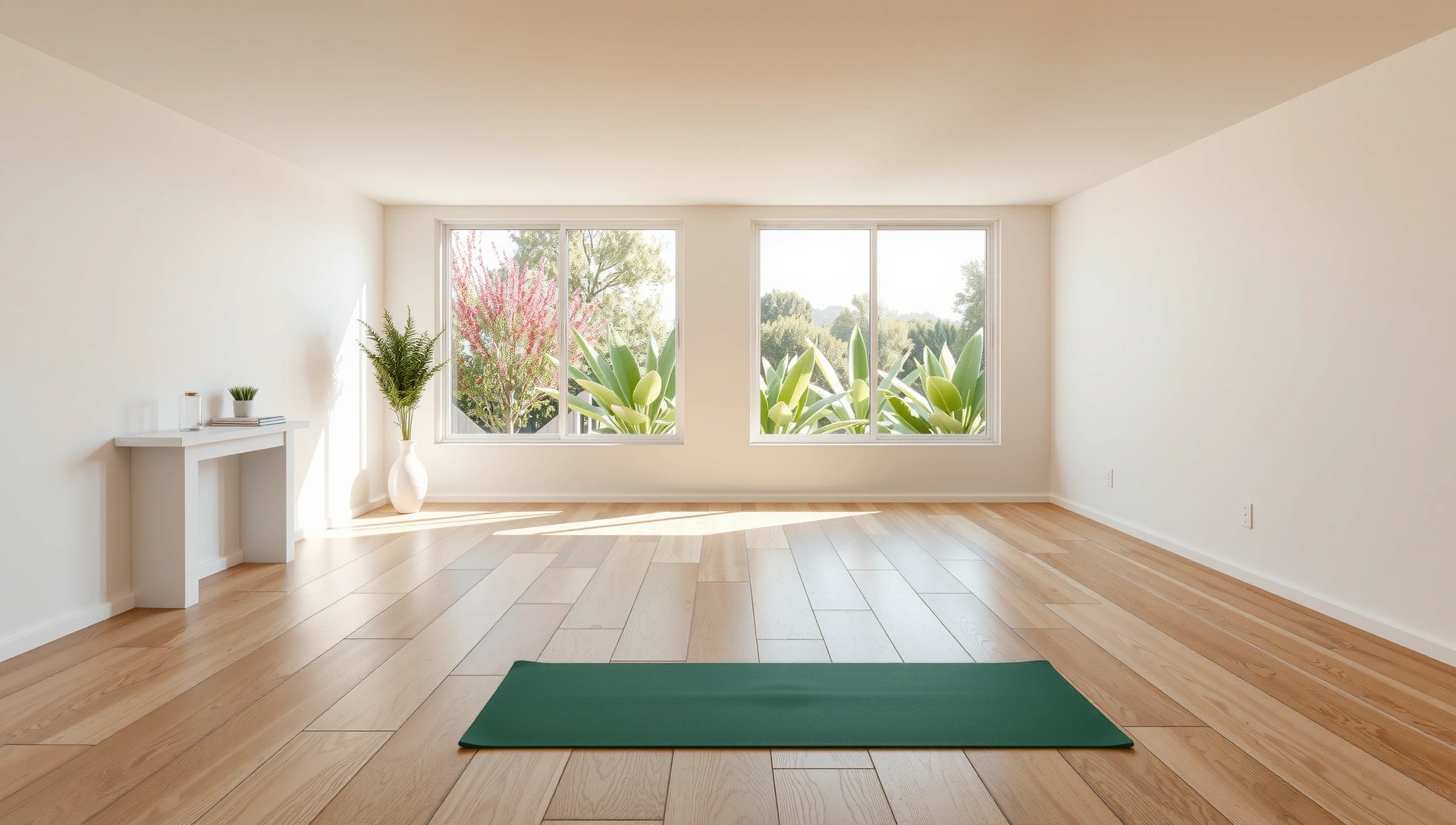 Serene yoga studio with natural light