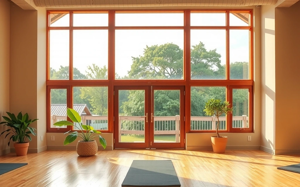 Yoga studio with natural light and plants, inviting atmosphere