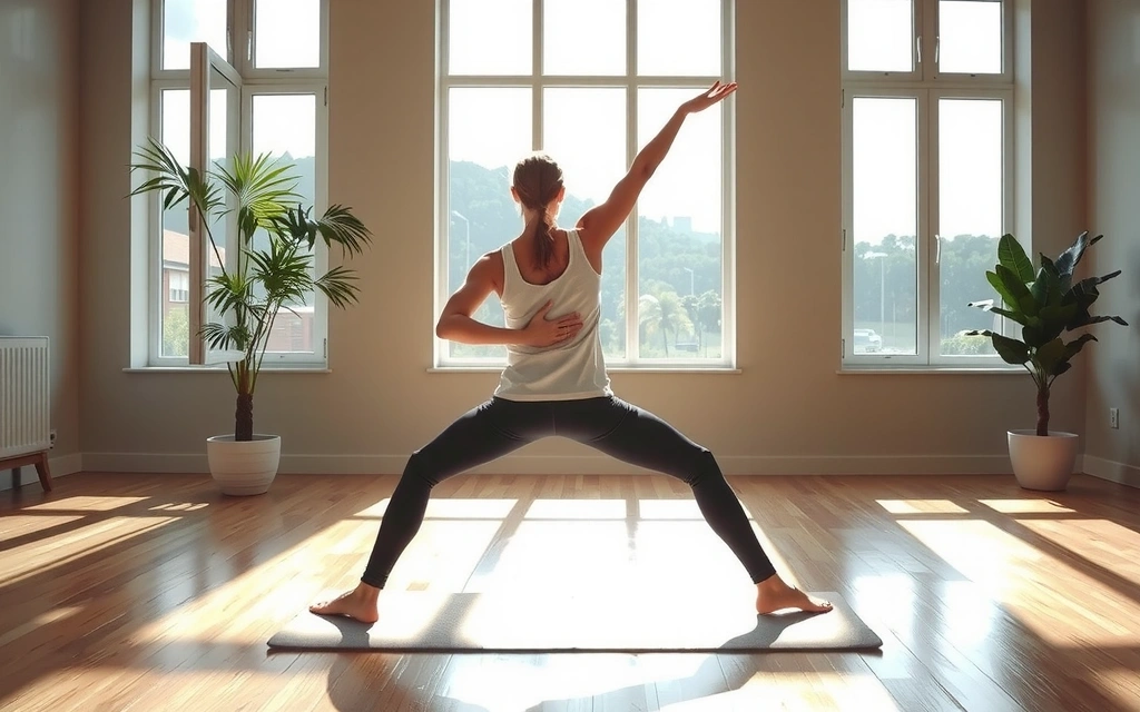 Person practicing yoga in a serene studio with natural light